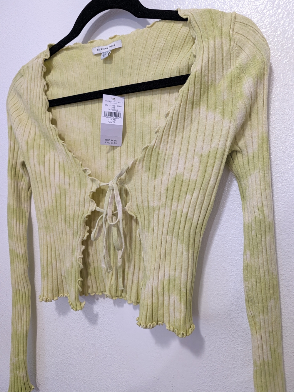 American Eagle Outfitters Sage Tie-Front Ribbed Crop Top - Picture 2 of 6